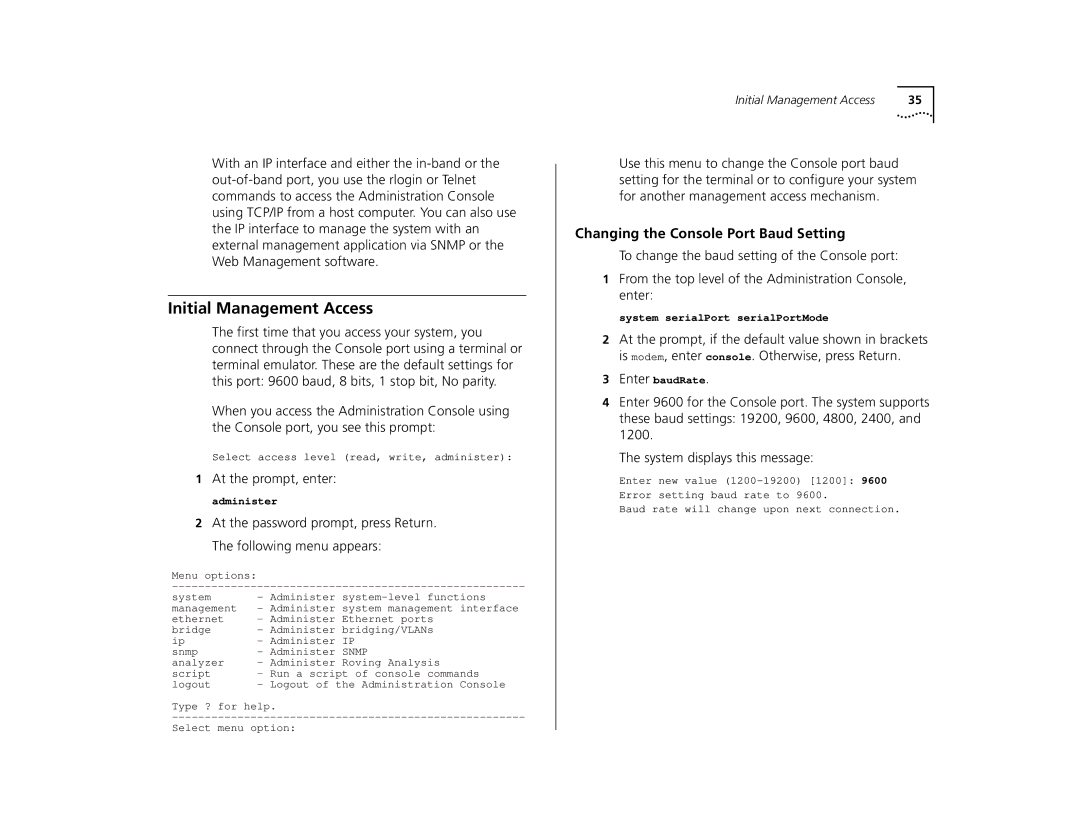 3Com 9400 manual Initial Management Access, Changing the Console Port Baud Setting 