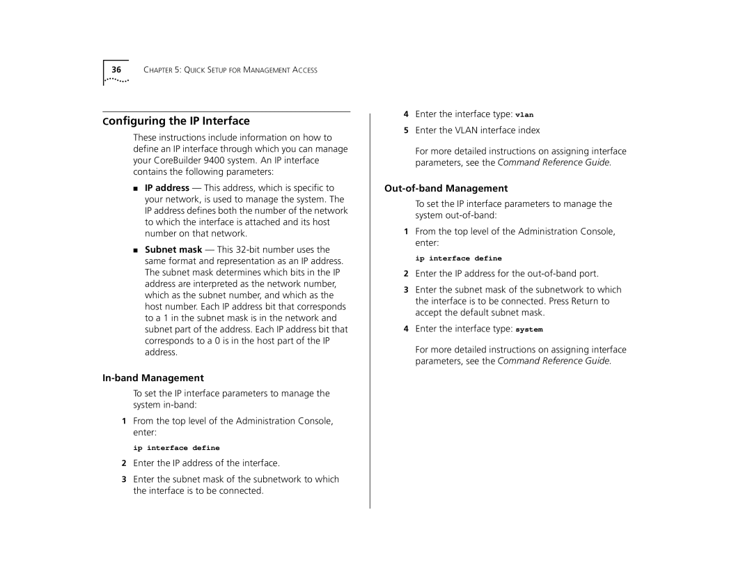 3Com 9400 manual Configuring the IP Interface, In-band Management, Out-of-band Management 