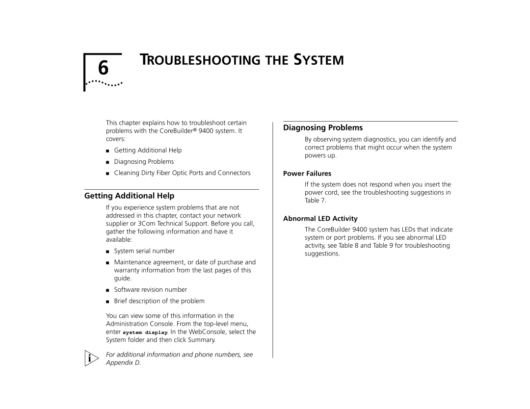 3Com 9400 manual Getting Additional Help, Diagnosing Problems, Power Failures, Abnormal LED Activity 