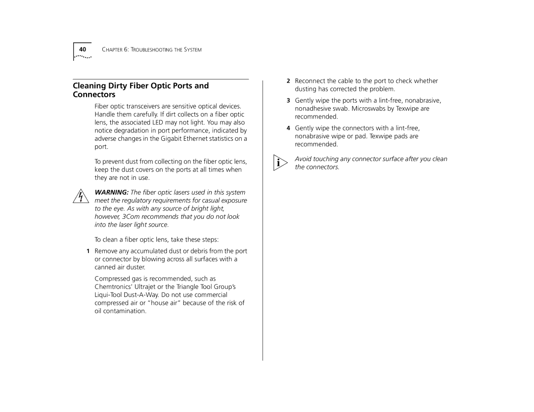 3Com 9400 manual Cleaning Dirty Fiber Optic Ports and Connectors 