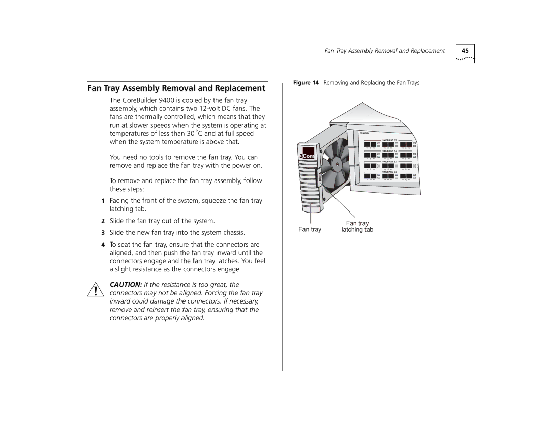 3Com 9400 manual Fan Tray Assembly Removal and Replacement 