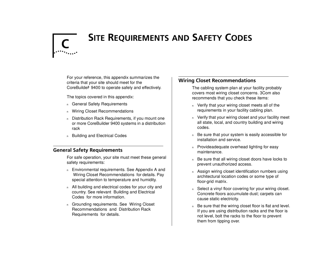 3Com 9400 manual General Safety Requirements, Wiring Closet Recommendations 