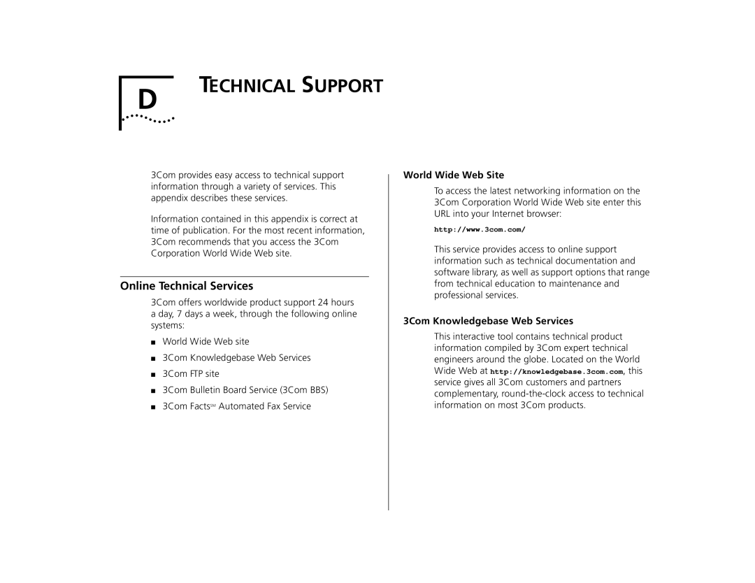 3Com 9400 manual Online Technical Services, World Wide Web Site, 3Com Knowledgebase Web Services 