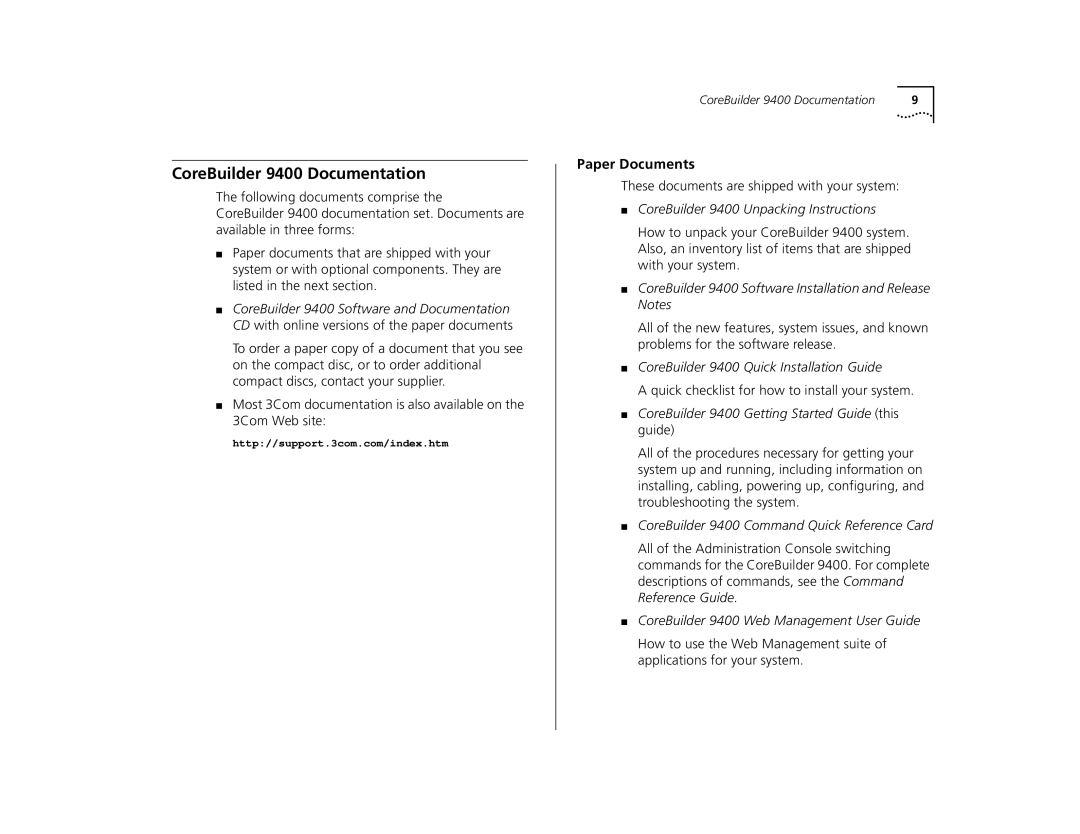 3Com manual CoreBuilder 9400 Documentation, Paper Documents 