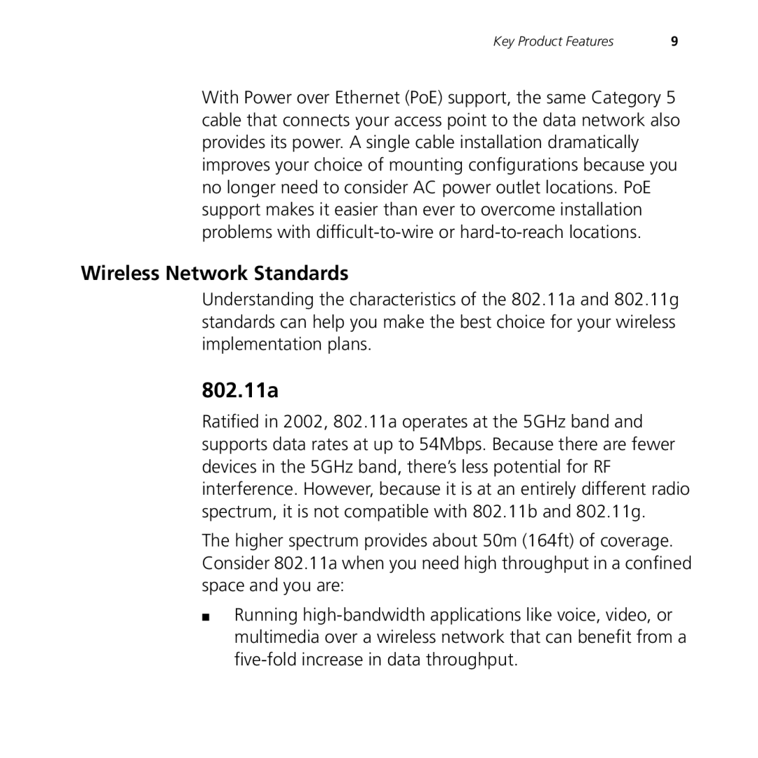 3Com 9150, 9550 manual 802.11a, Wireless Network Standards 