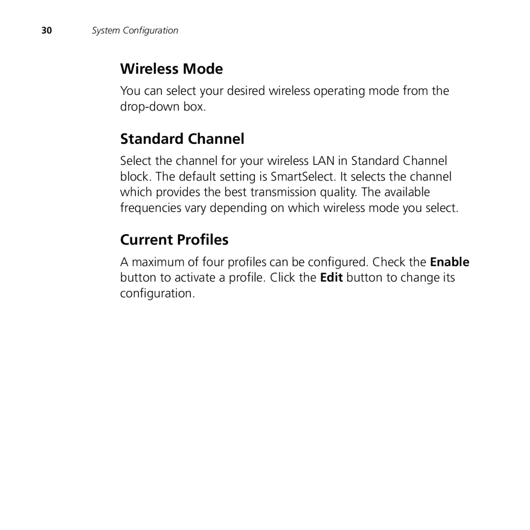 3Com 9550, 9150 manual Wireless Mode, Standard Channel, Current Profiles 