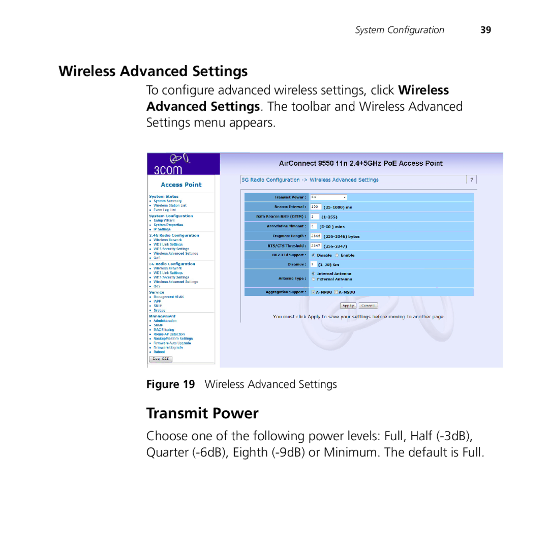 3Com 9150, 9550 manual Transmit Power, Wireless Advanced Settings 