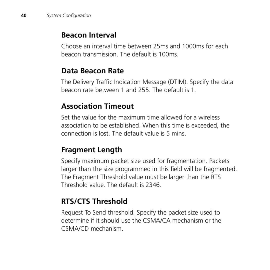 3Com 9550, 9150 manual Beacon Interval, Data Beacon Rate, Association Timeout, Fragment Length, RTS/CTS Threshold 