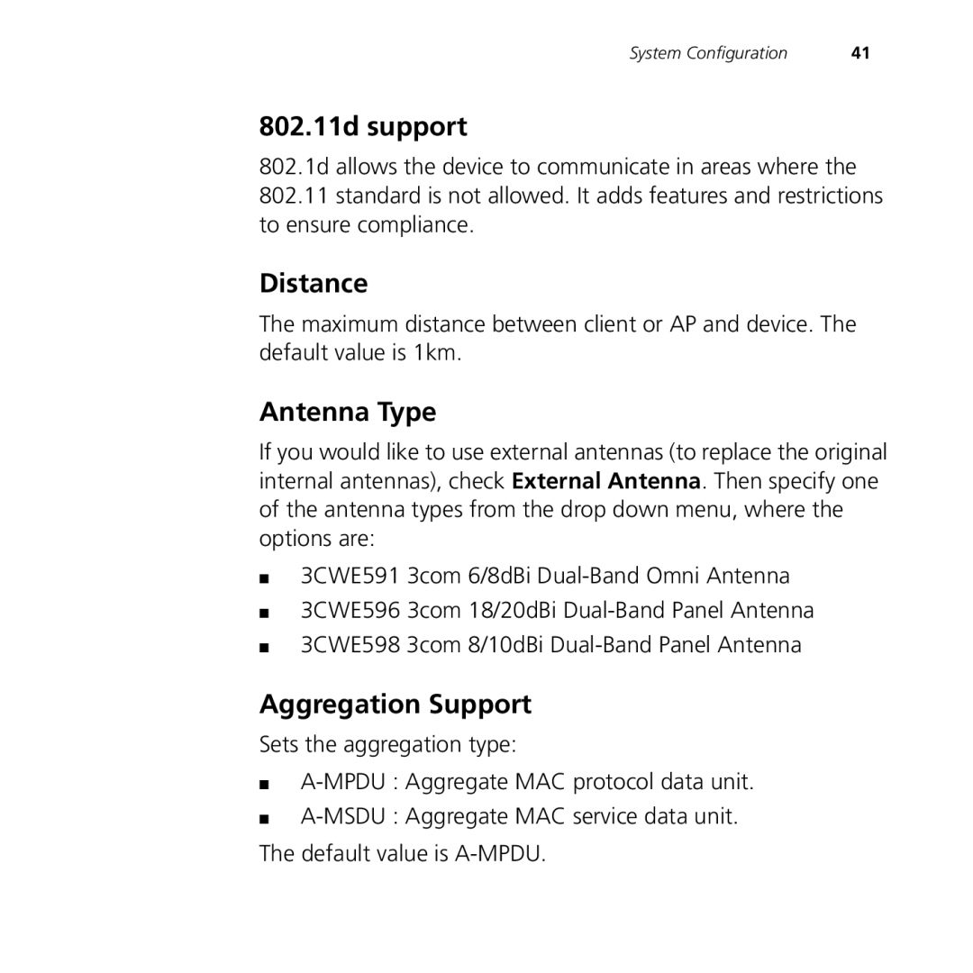 3Com 9150, 9550 manual 802.11d support, Distance, Antenna Type, Aggregation Support 