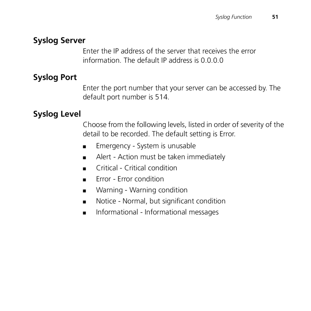 3Com 9150, 9550 manual Syslog Server, Syslog Port, Syslog Level 