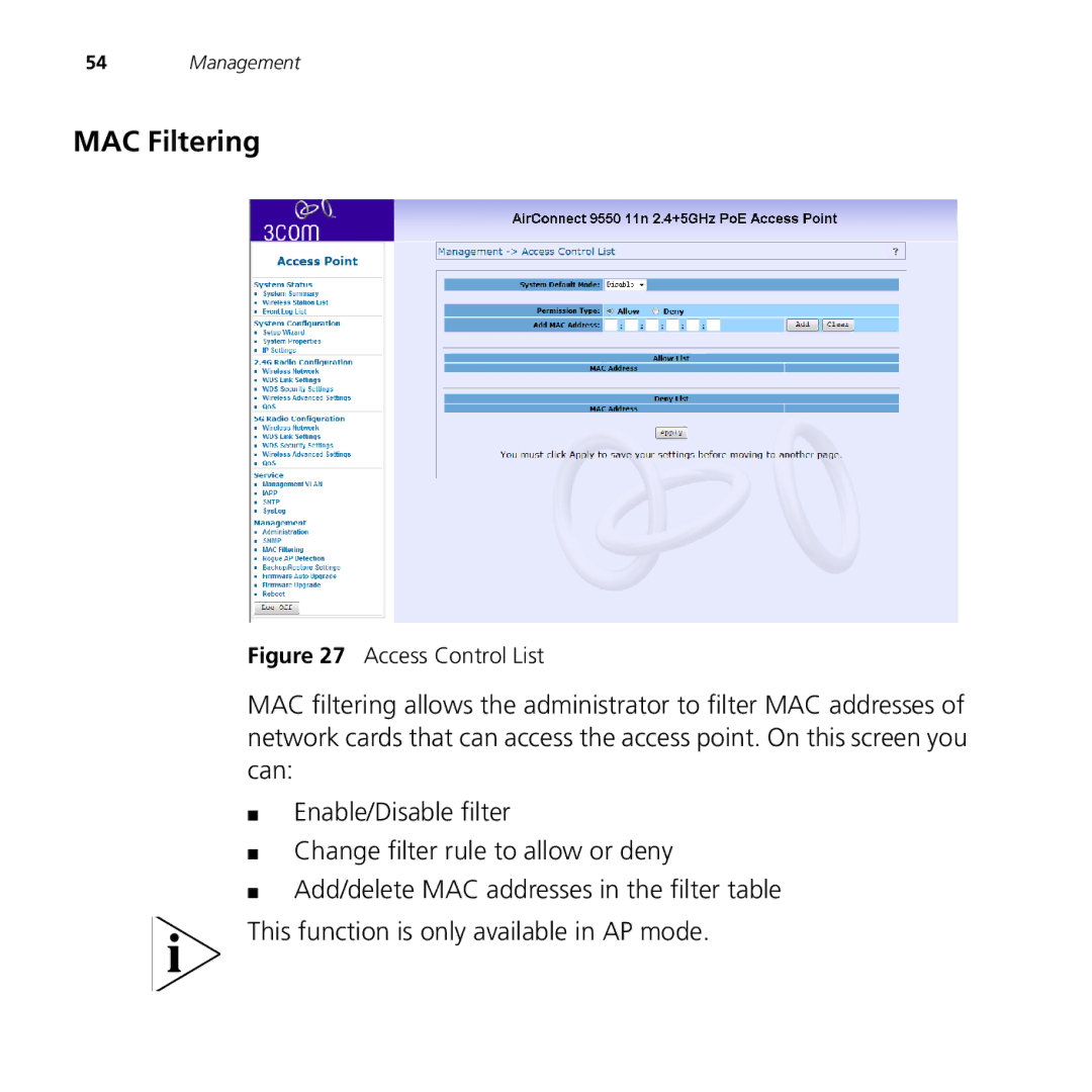 3Com 9550, 9150 manual MAC Filtering, Access Control List 