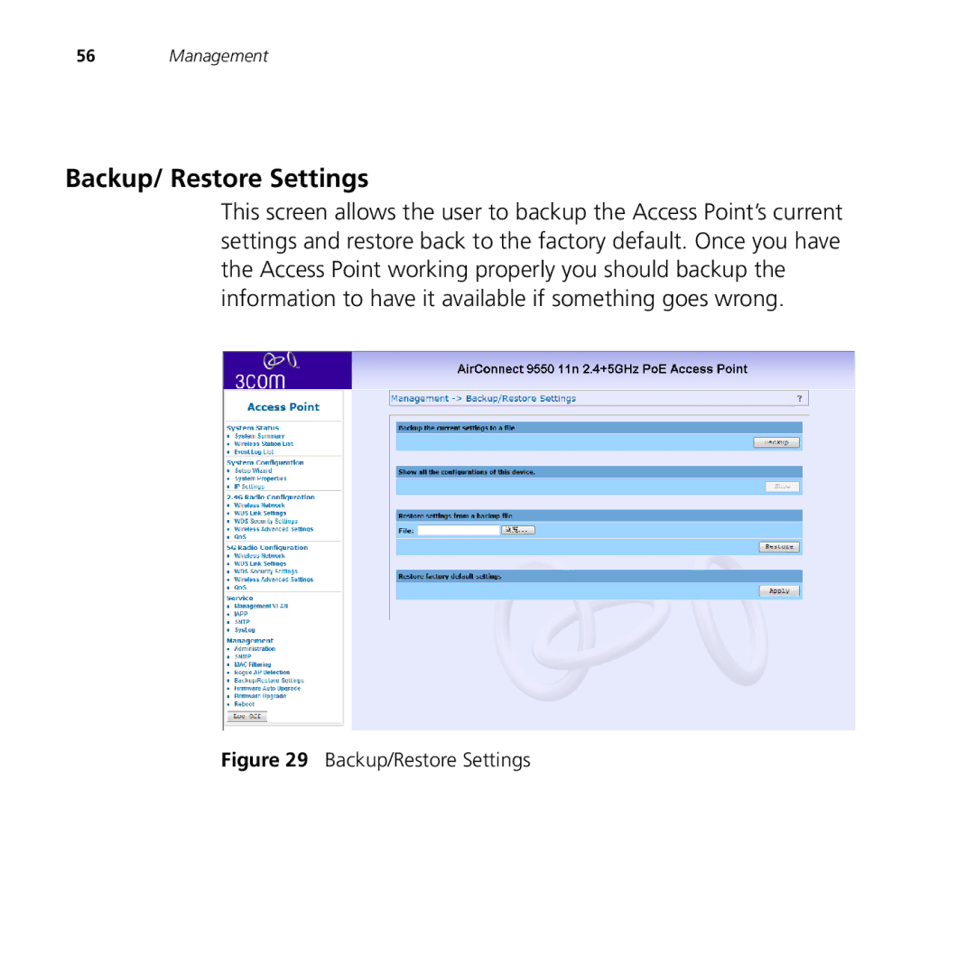 3Com 9550, 9150 manual Backup/ Restore Settings, Backup/Restore Settings 