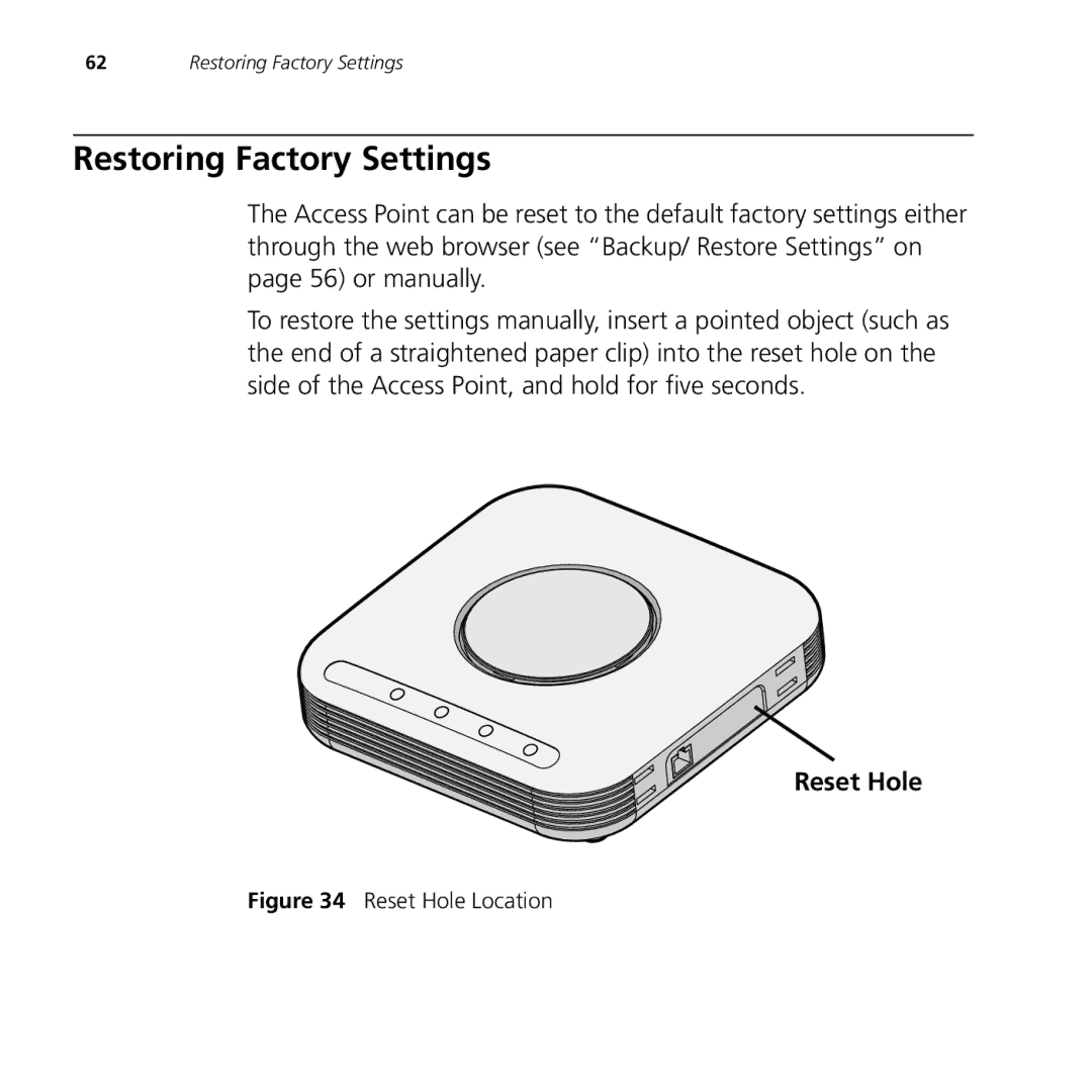 3Com 9550, 9150 manual Restoring Factory Settings, Reset Hole Location 