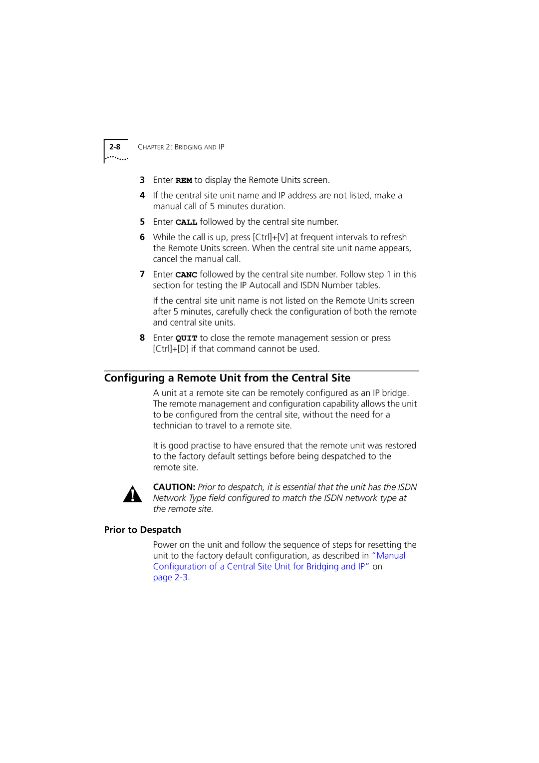 3Com 980-000077/002 manual Configuring a Remote Unit from the Central Site, Prior to Despatch 