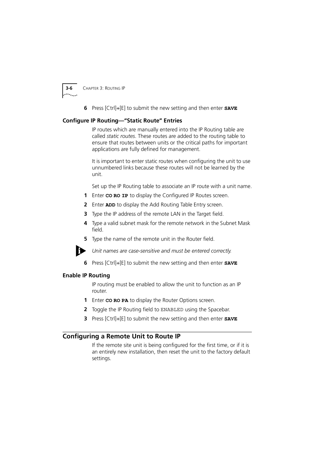 3Com 980-000077/002 Configuring a Remote Unit to Route IP, Configure IP Routing-Static Route Entries, Enable IP Routing 