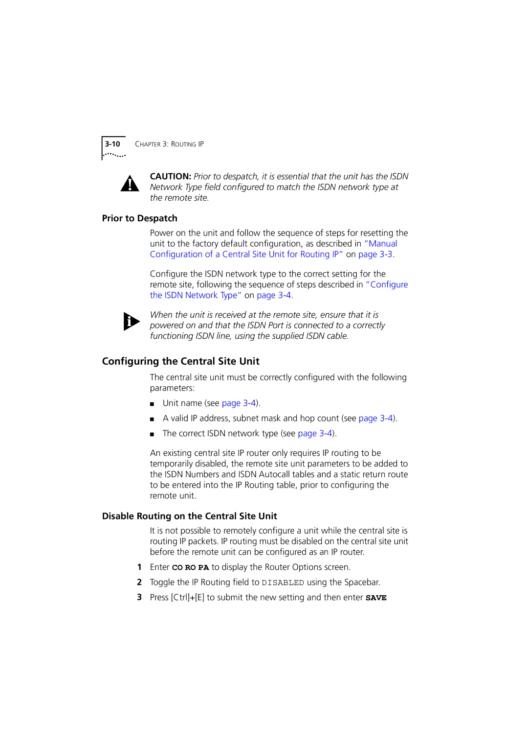 3Com 980-000077/002 manual Prior to Despatch, Disable Routing on the Central Site Unit 