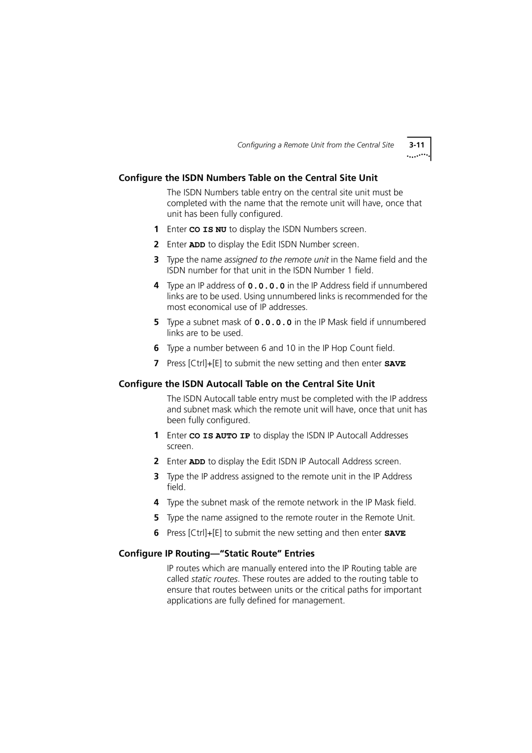 3Com 980-000077/002 manual Configure the Isdn Numbers Table on the Central Site Unit 