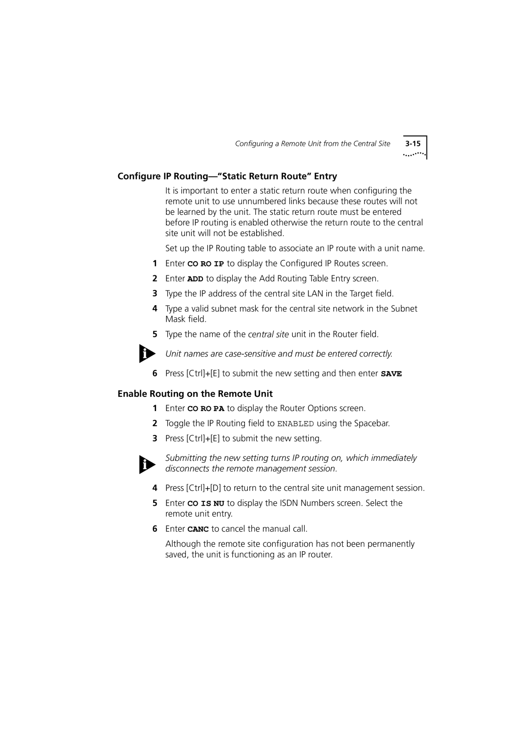 3Com 980-000077/002 manual Configure IP Routing-Static Return Route Entry, Enable Routing on the Remote Unit 