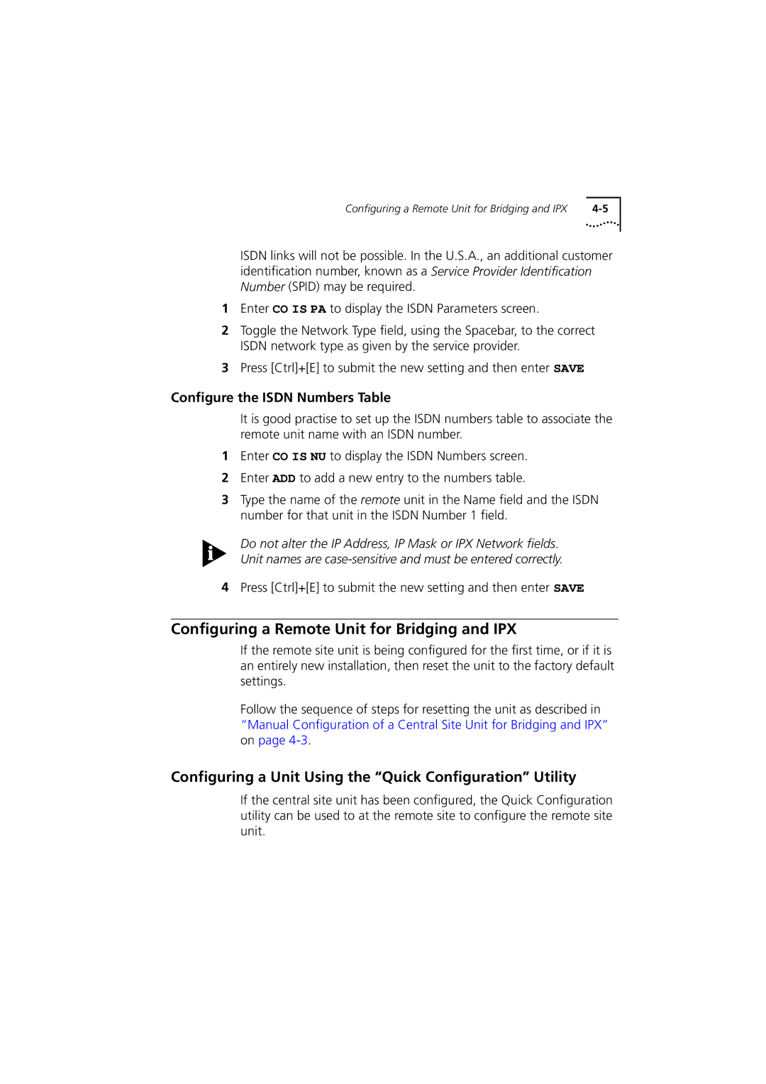 3Com 980-000077/002 manual Configuring a Remote Unit for Bridging and IPX, Configure the Isdn Numbers Table 