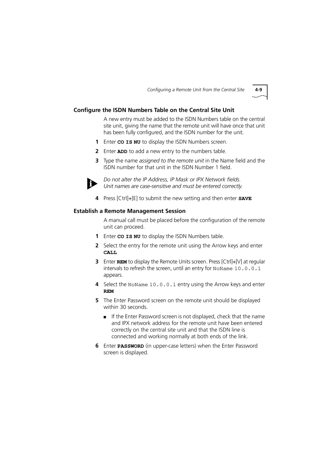 3Com 980-000077/002 manual Configure the Isdn Numbers Table on the Central Site Unit 