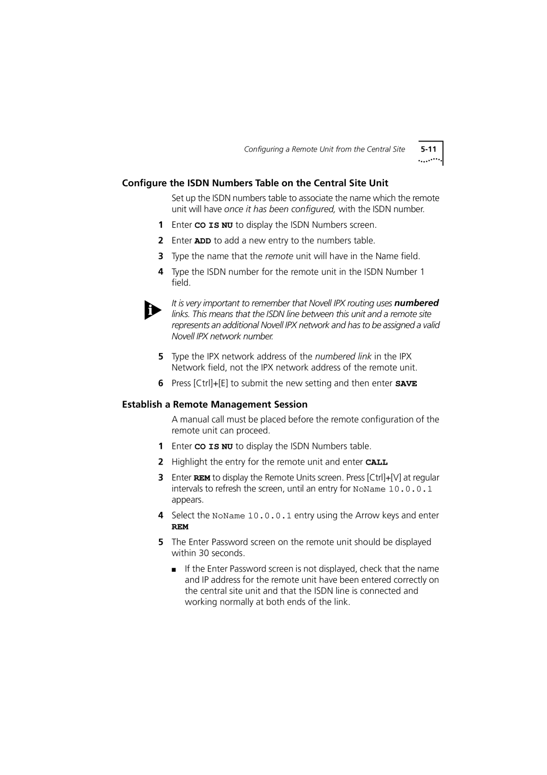 3Com 980-000077/002 manual Configure the Isdn Numbers Table on the Central Site Unit 