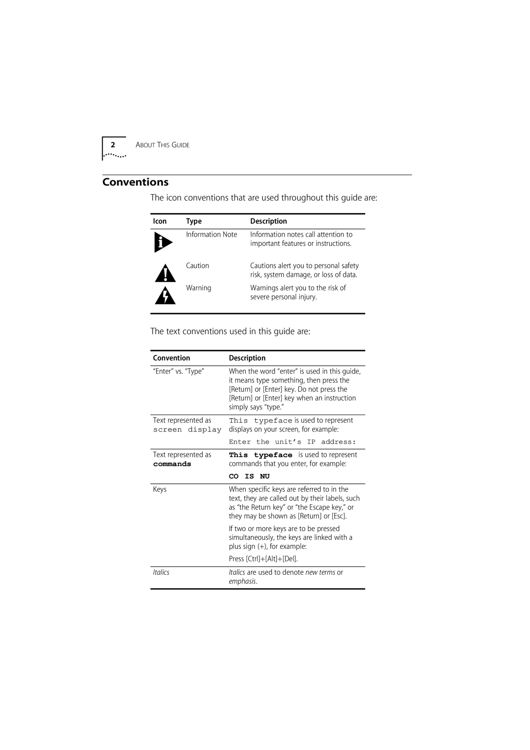 3Com 980/000048/001 manual Conventions, Icon conventions that are used throughout this guide are 