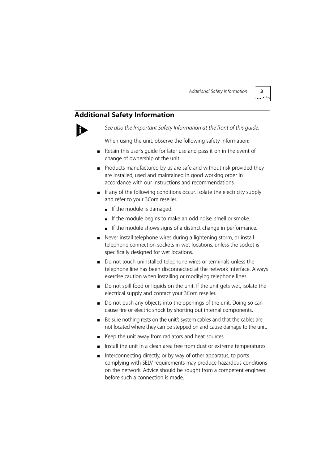 3Com 980/000048/001 manual Additional Safety Information, Keep the unit away from radiators and heat sources 