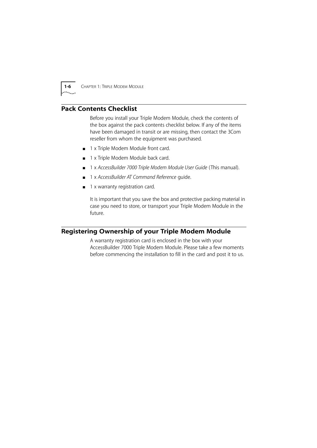 3Com 980/000048/001 manual Pack Contents Checklist, Registering Ownership of your Triple Modem Module 