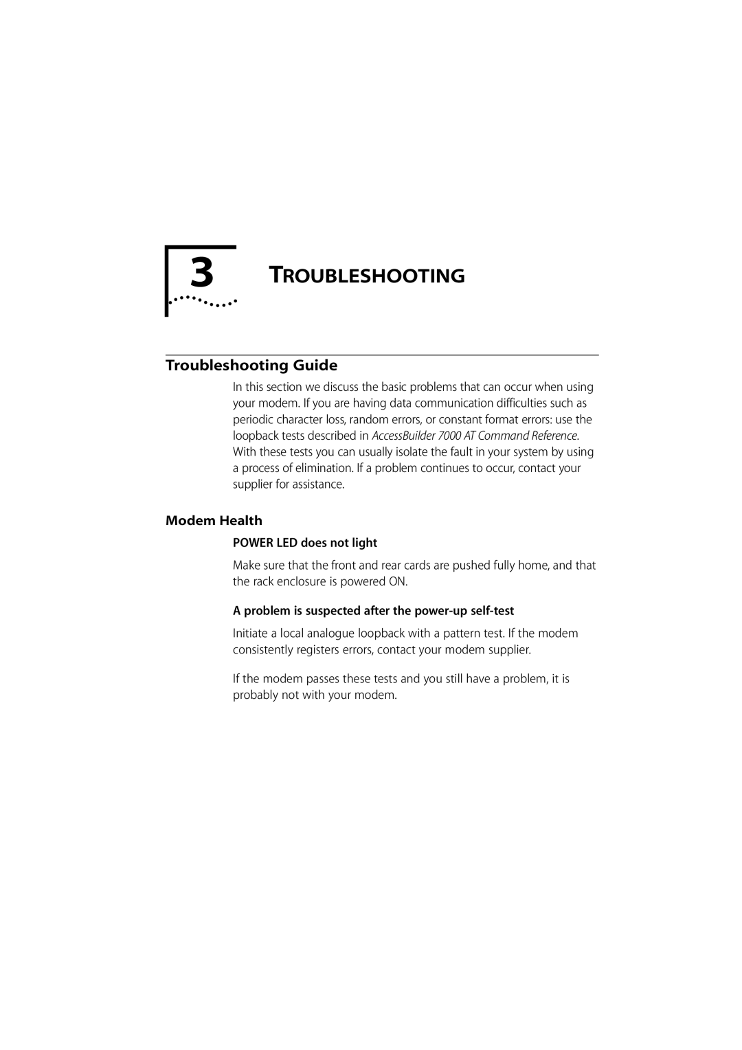 3Com 980/000048/001 manual Troubleshooting Guide, Modem Health 