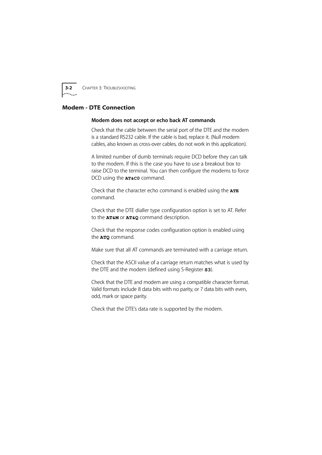 3Com 980/000048/001 manual Modem DTE Connection, Modem does not accept or echo back AT commands 