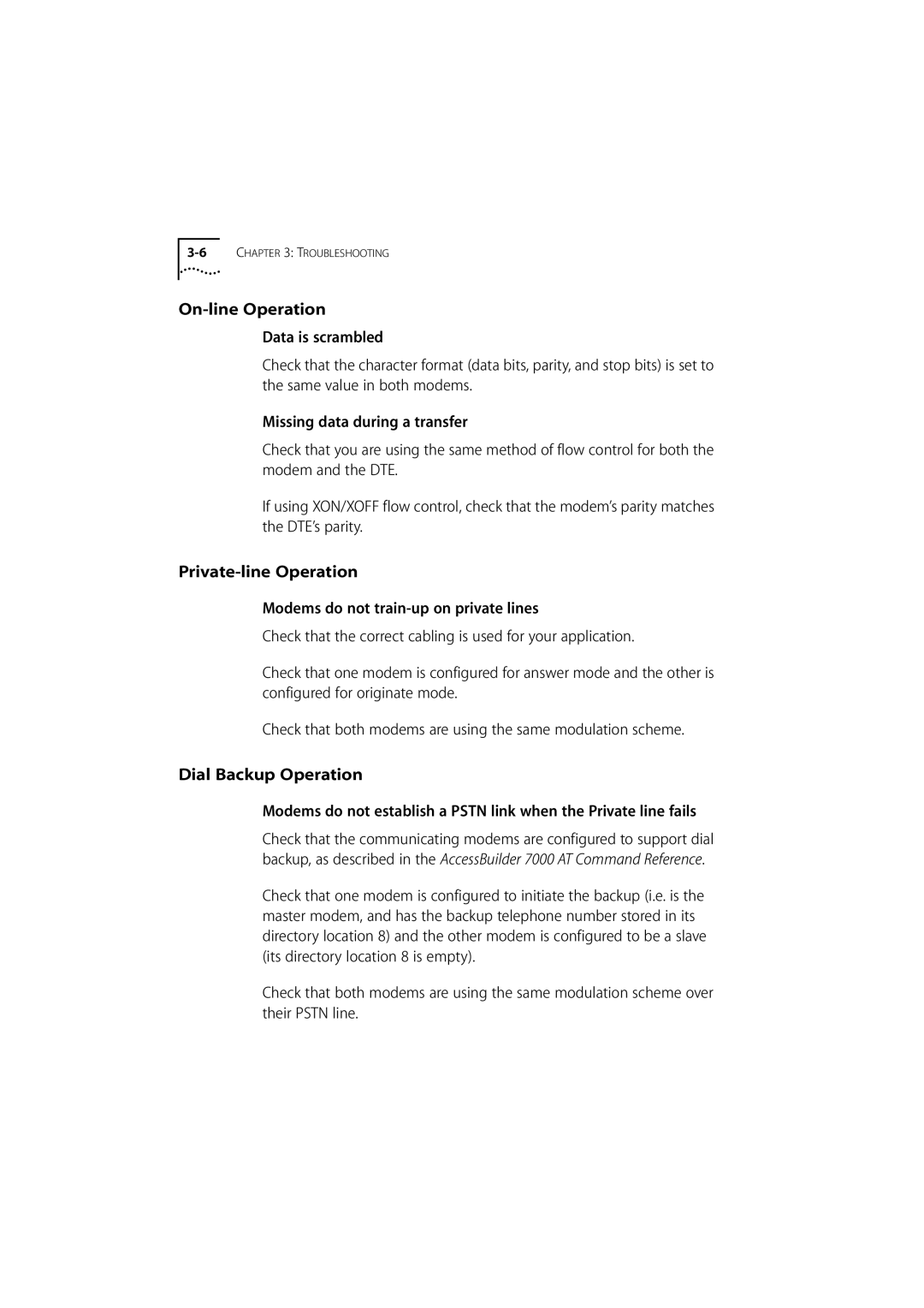 3Com 980/000048/001 manual On-line Operation, Private-line Operation, Dial Backup Operation 