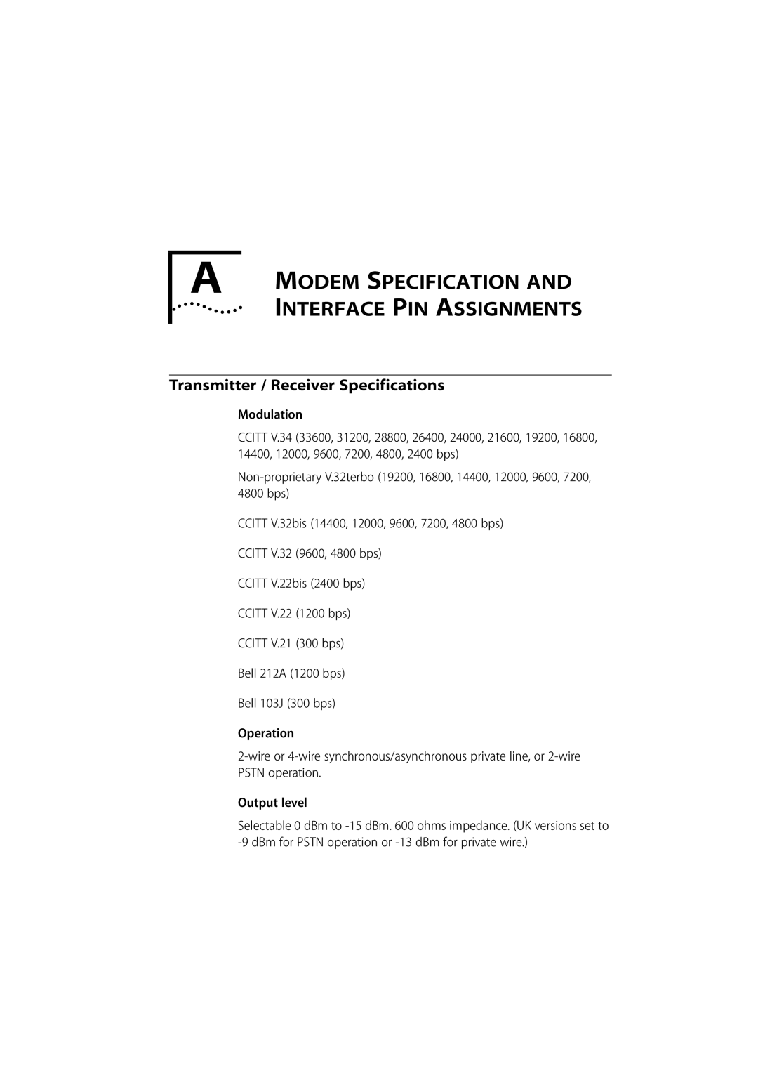 3Com 980/000048/001 manual Modem Specification, Interface PIN Assignments, Transmitter / Receiver Specifications 