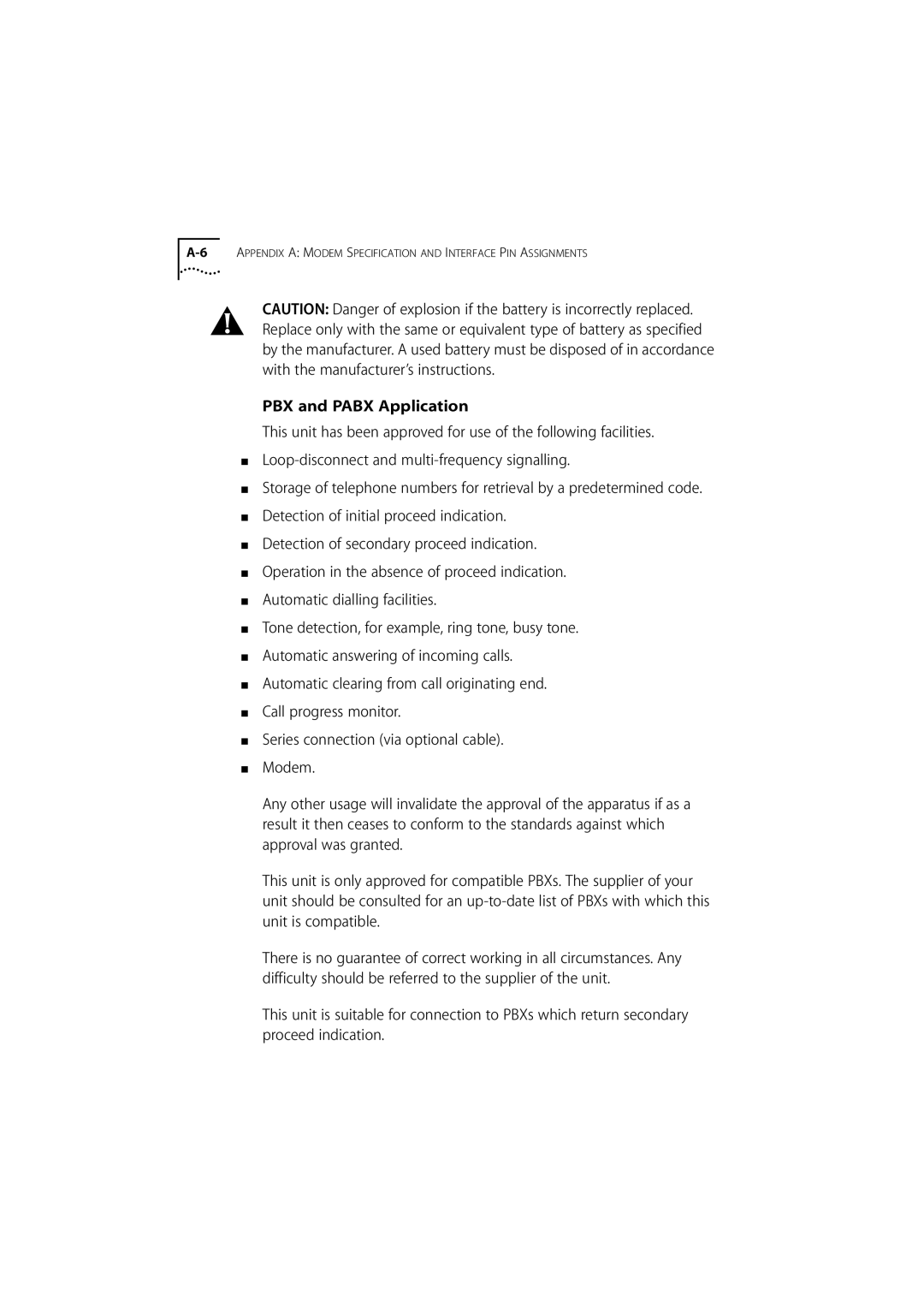 3Com 980/000048/001 manual Appendix a Modem Specification and Interface PIN Assignments 