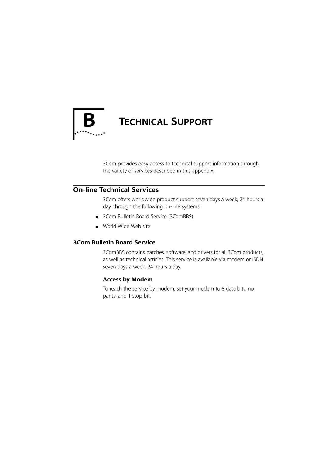 3Com 980/000048/001 manual On-line Technical Services, 3Com Bulletin Board Service 