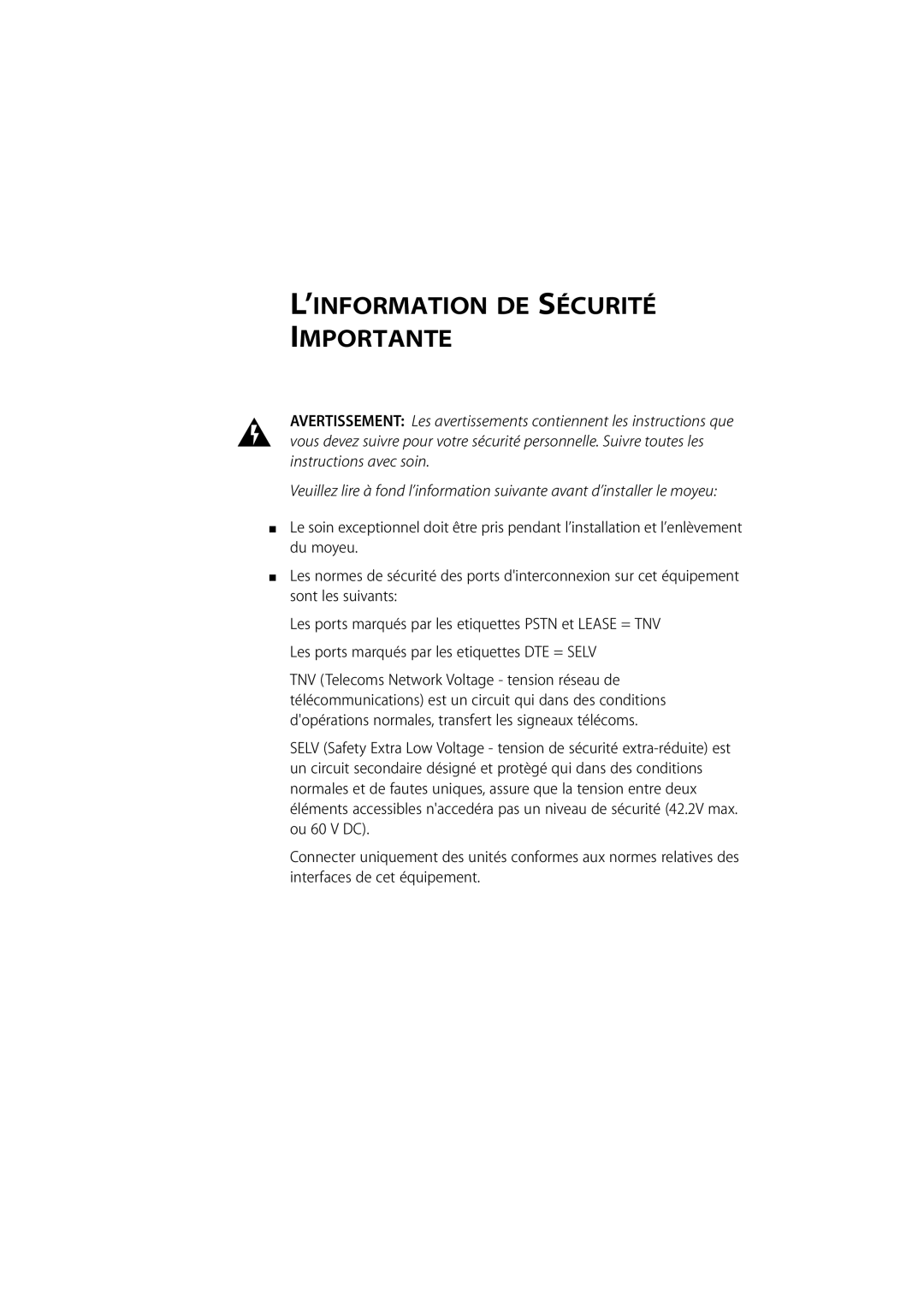 3Com 980/000048/001 manual ’INFORMATION DE Sécurité Importante 