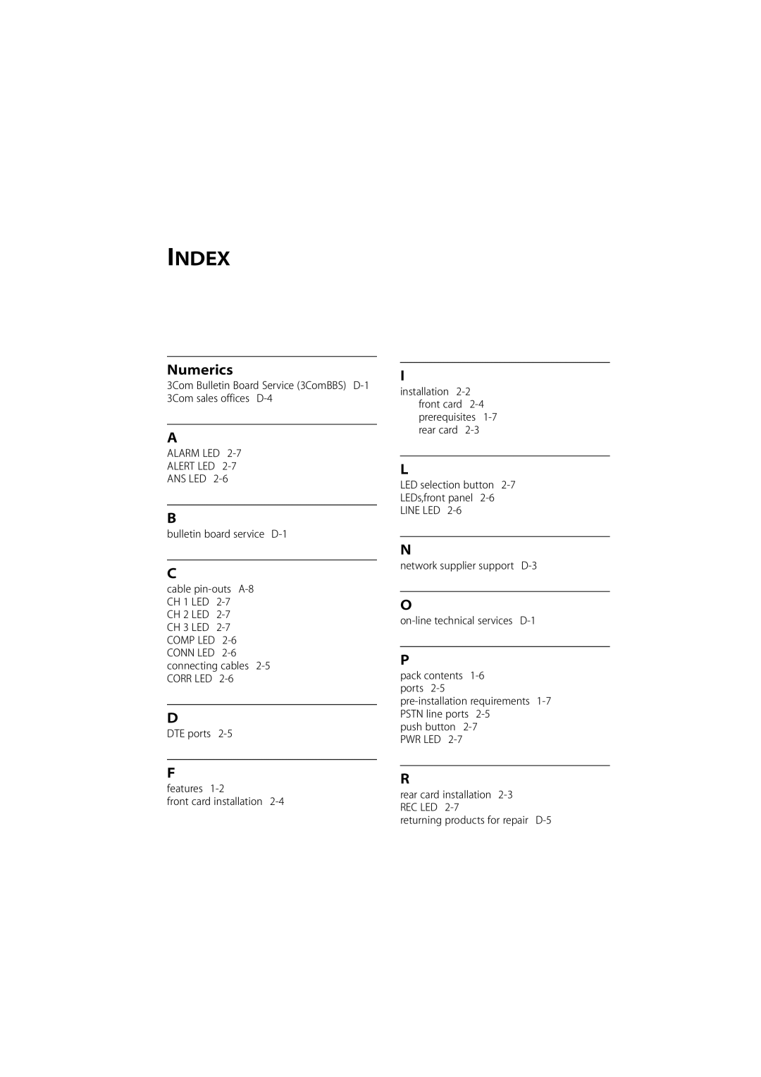 3Com 980/000048/001 manual Index, Numerics 