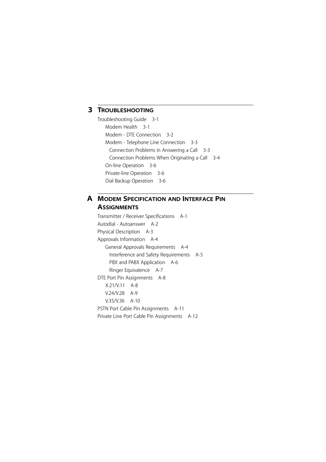 3Com 980/000048/001 manual Modem Specification and Interface PIN Assignments 