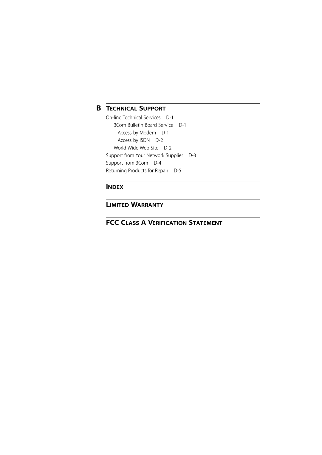 3Com 980/000048/001 manual Index Limited Warranty FCC Class a Verification Statement 