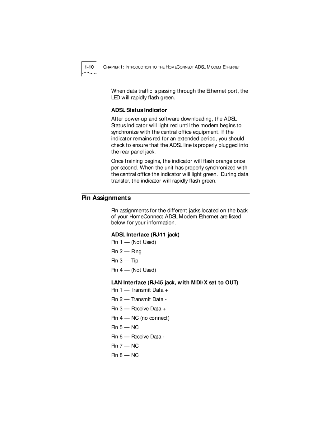 3Com ADSL Modem Ethernet manual Pin Assignments, Adsl Status Indicator, Adsl Interface RJ-11 jack 