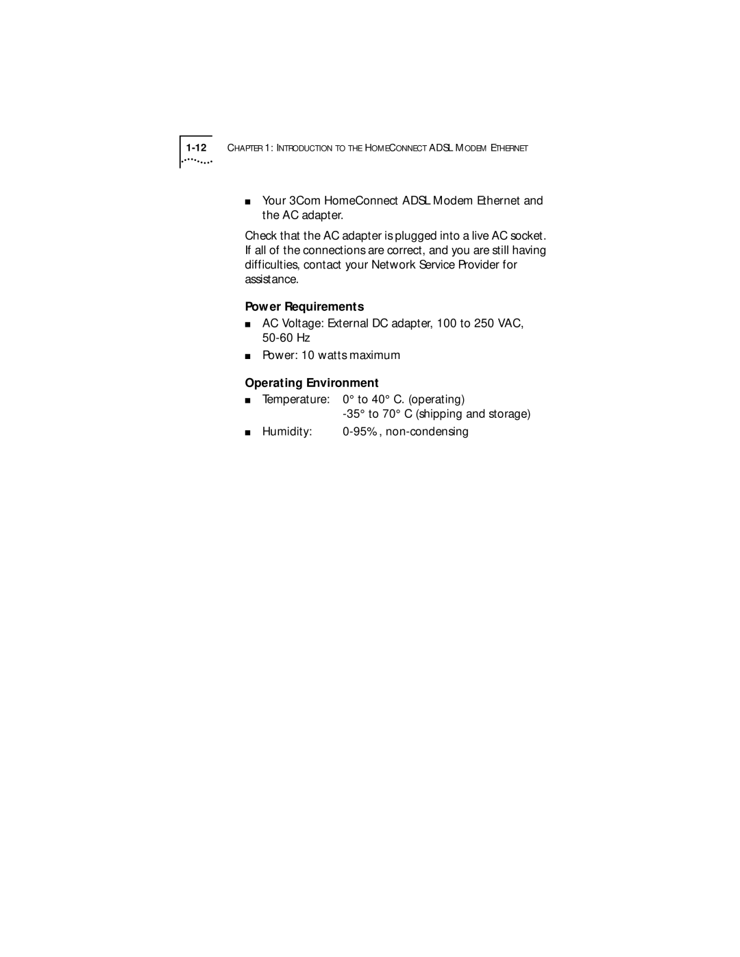 3Com ADSL Modem Ethernet manual Power Requirements, Operating Environment 