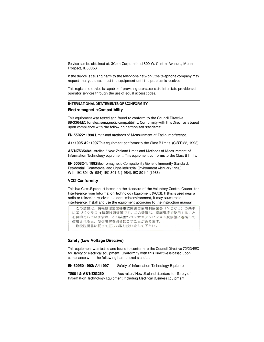 3Com ADSL Modem Ethernet manual Electromagnetic Compatibility, International Statements of Conformity 