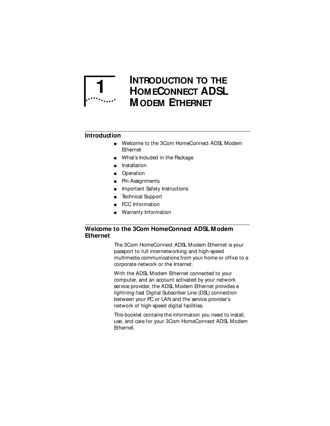 3Com ADSL Modem Ethernet manual Introduction, Welcome to the 3Com HomeConnect Adsl Modem Ethernet 