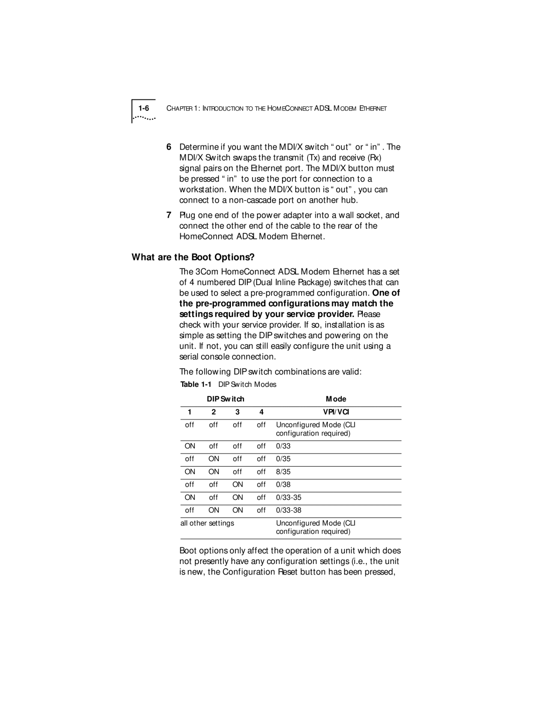 3Com ADSL Modem Ethernet manual What are the Boot Options?, DIP Switch Mode, Vpi/Vci 