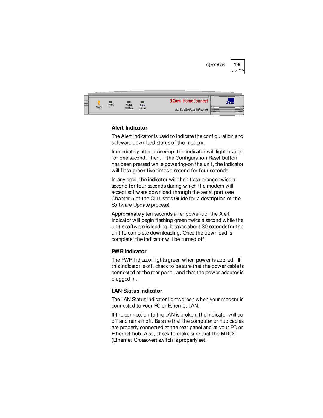 3Com ADSL Modem Ethernet manual Alert Indicator, PWR Indicator, LAN Status Indicator 