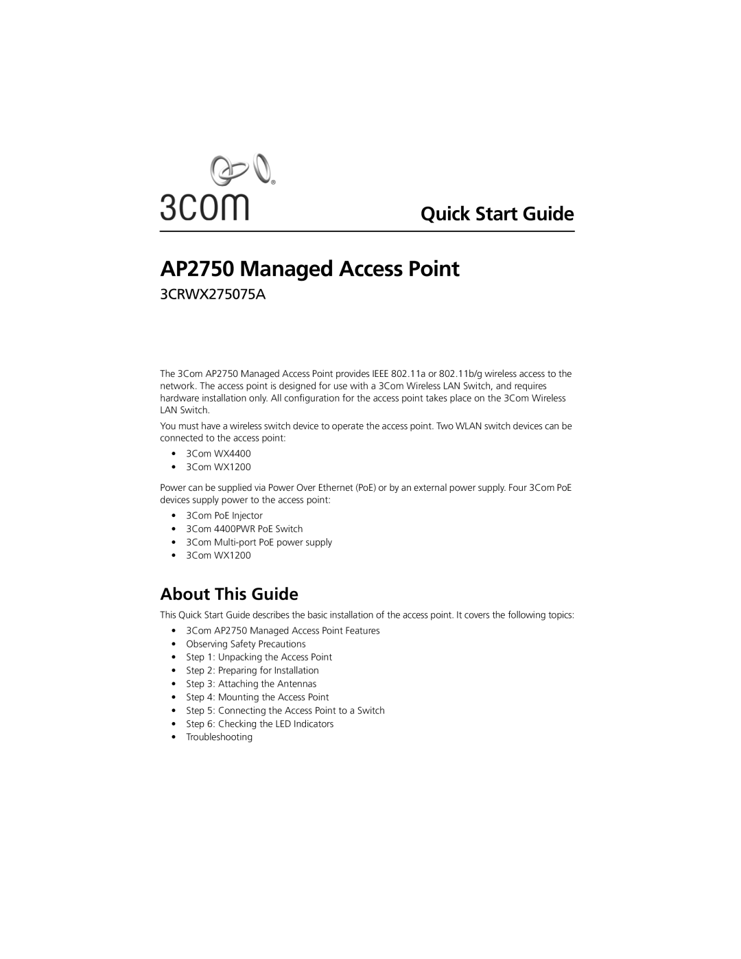 3Com quick start AP2750 Managed Access Point, About This Guide 