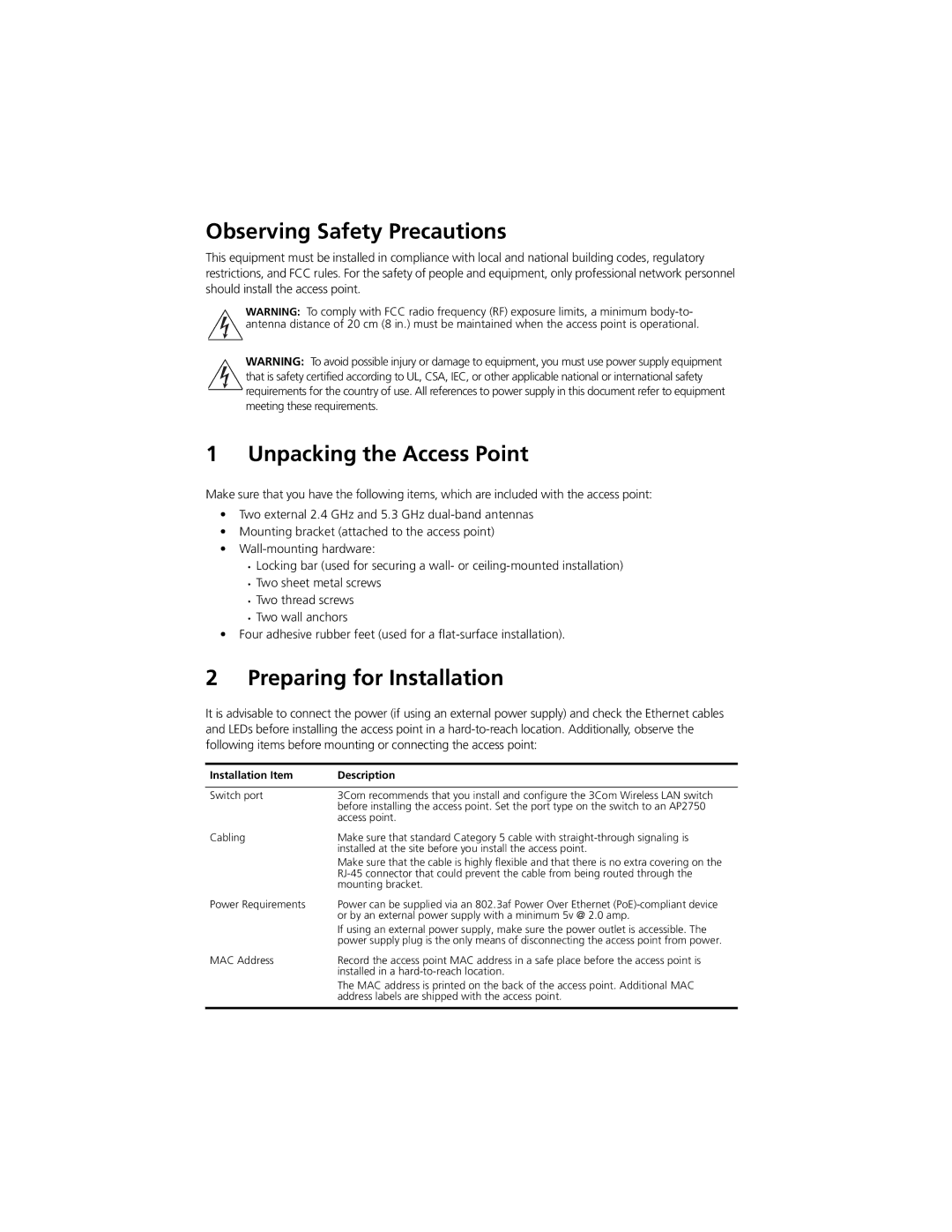 3Com AP2750 quick start Observing Safety Precautions, Unpacking the Access Point, Preparing for Installation 