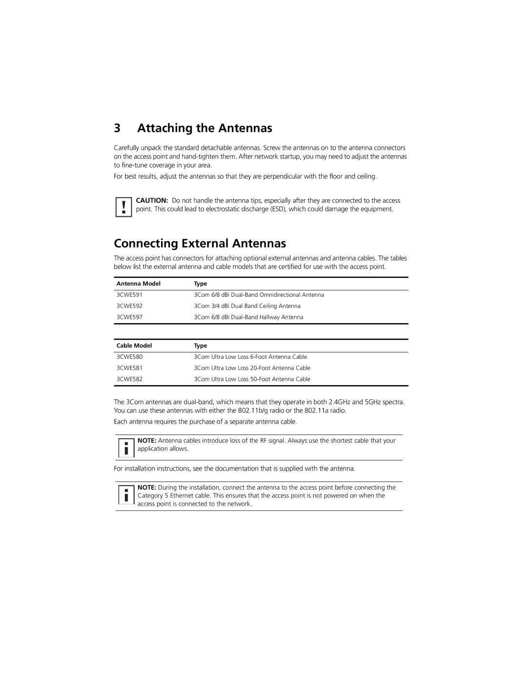 3Com AP2750 quick start Attaching the Antennas, Connecting External Antennas, Antenna Model Type, Cable Model Type 