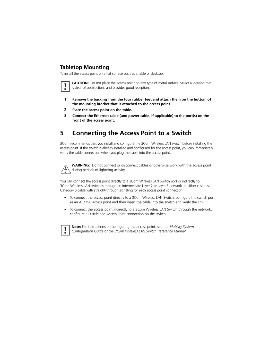 3Com AP2750 quick start Connecting the Access Point to a Switch, Tabletop Mounting 