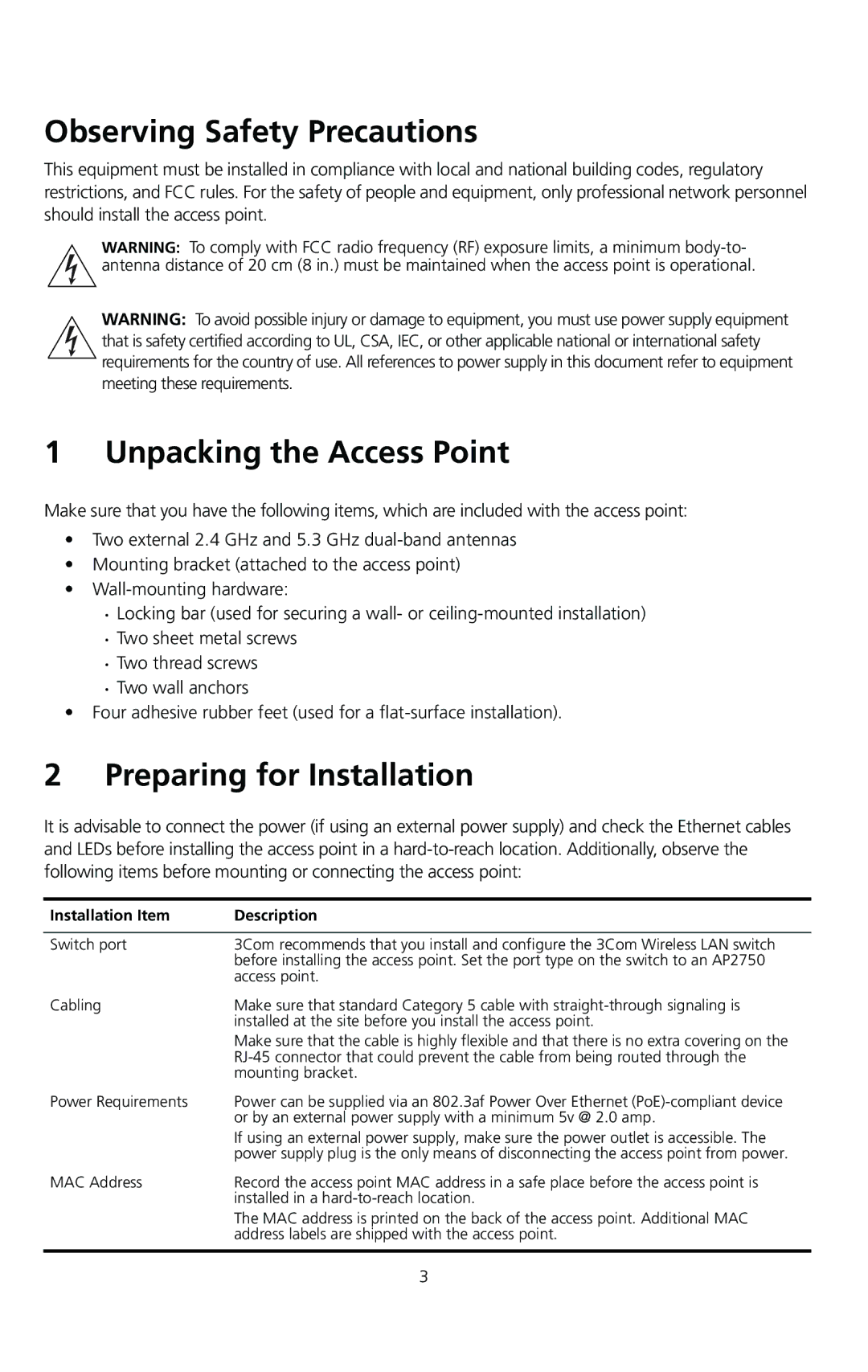 3Com AP2750 quick start Observing Safety Precautions, Unpacking the Access Point, Preparing for Installation 