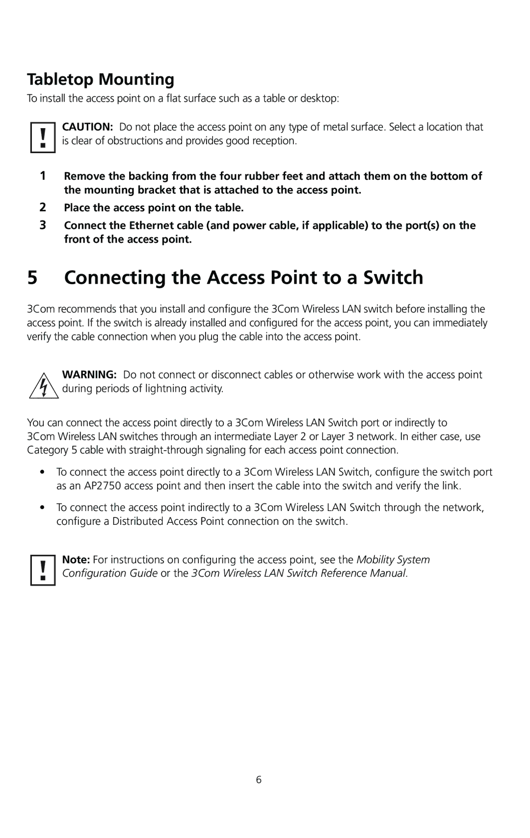 3Com AP2750 quick start Connecting the Access Point to a Switch, Tabletop Mounting 